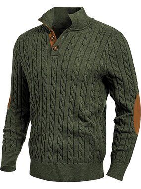 Men's Dark Green Cable Knit Sweater Button Mock Neck Pullover